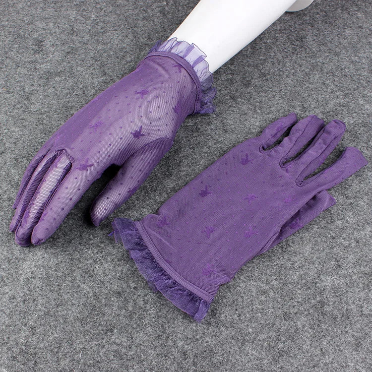 Summer Women Short Sunscreen Thin Ice Silk Driving Black Full Finger Sexy Lace Gloves UV Elasticity Rabbit Lace Cycling Slip D82