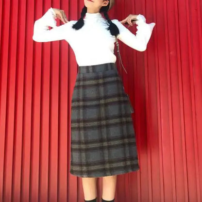 Korean Fashion Casual Women Autumn Winter Vintage Blue/Gray Plaid High Waist Warm Faux Woolen A-line Skirt  S-2XL