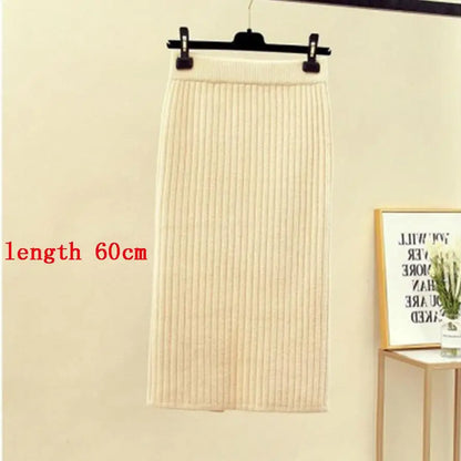 Mid-long Knitted Half-length Skirt Women's High waist One-step Skirt Autumn And Winter Hip Skirt Open-forked Elegant Skirts