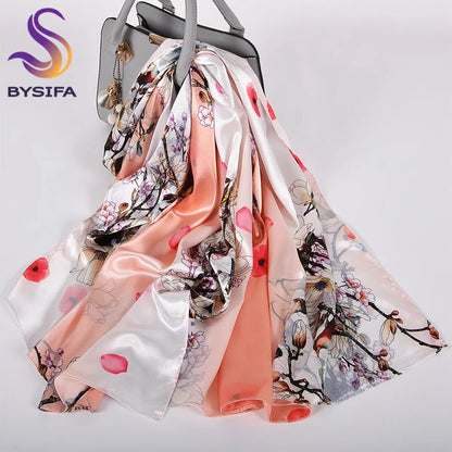 [BYSIFA]  Green Blue Ladies Satin Long Silk Scarf Shawl New Fashion Brand Scarves Printed Spring Fall Female Head Scarf 160*70cm