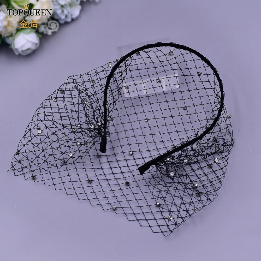 TOPQUEEN VA12 Wedding Birdcage Veil Bridal Blusher Veil White Headband Veil for Bridal Fascinators Black Face Net Mask Bachelore