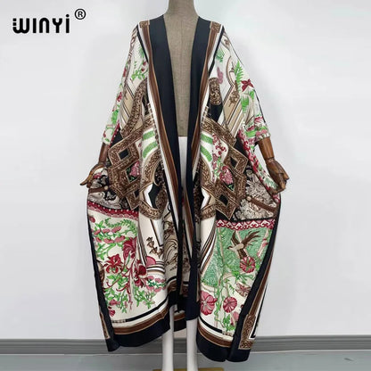 2021 WINYI new Cotton Bikini Sweet Lady Pink Boho Print Self Belted Front Open Long Kimono Dress Beach Tunic Women Wrap Dresses