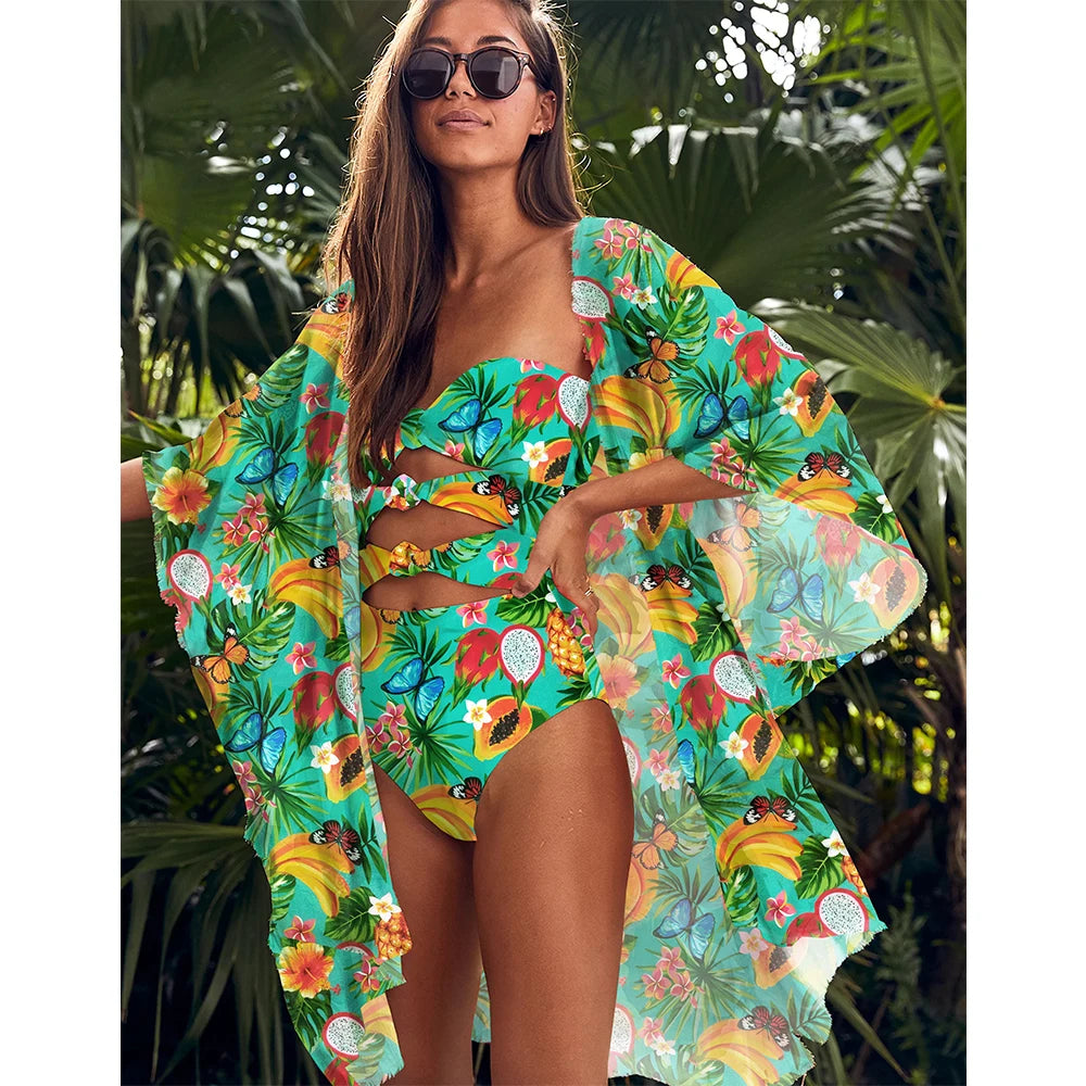 Beach Wear Print Bikini Swimwear Women Wrap Skirt Swimsuit High Waist 2025 Cover Up Sexy Sarong plage Beach Wear Bathing Suit