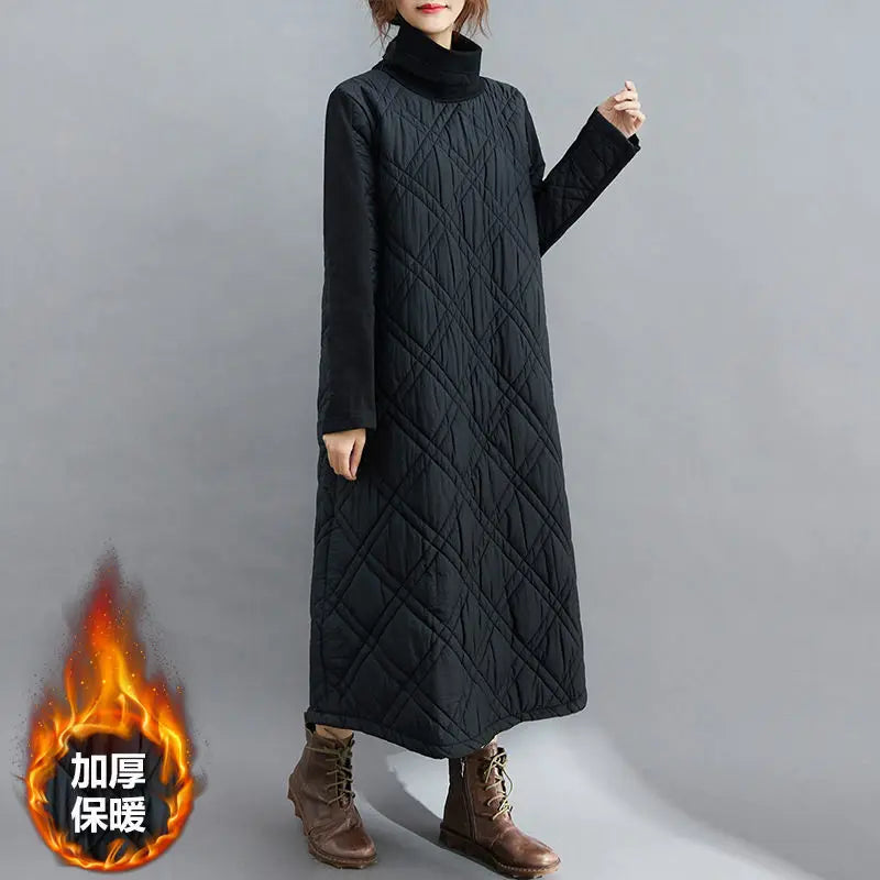 Retro Quilted Diamond Dress Thick Stitching Warm Autumn Winter Clothing New Women's High-Neck Casual Long Tunic y750