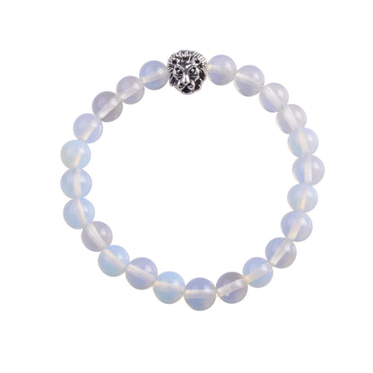 Silver Lion Head Gemstone Beads Stretch Bracelet for Women Men Handmade Crystal Beaded Elastic Healing Power Stone Jewelry