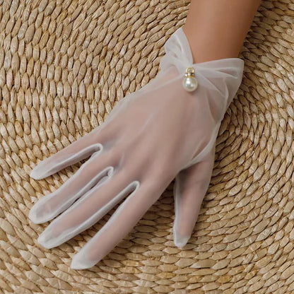 Bridal Gloves Wedding Gloves White Gauze Woman Gloves Thin Lace Ladies Fingered Gloves Pearl Wedding Gloves Accessories
