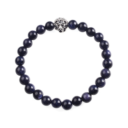 Silver Lion Head Gemstone Beads Stretch Bracelet for Women Men Handmade Crystal Beaded Elastic Healing Power Stone Jewelry