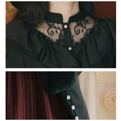 Gothic England Style Women Cosplay Palace Shirt Long Skirt Set Classic Black Lace Ruffle Shirt High Waist Bandage Skirts Femme