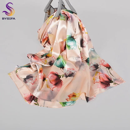 [BYSIFA]  Green Blue Ladies Satin Long Silk Scarf Shawl New Fashion Brand Scarves Printed Spring Fall Female Head Scarf 160*70cm