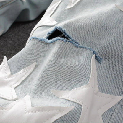 Men's Leather Stars Patches Design Jeans Streetwear Patchwork Ripped Stretch Denim Pants Slim Skinny Pencil Trousers