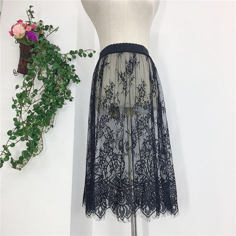 Transparent Sexy Lace Mesh Skirt Elastic High Waist Black White Tulle  Mini Skirts Womens 2021  Skirt  Korean Fashion