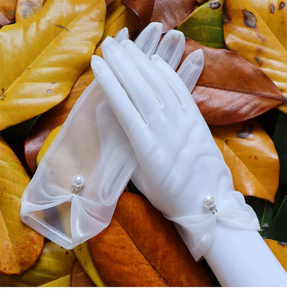 Bridal Gloves Wedding Gloves White Gauze Woman Gloves Thin Lace Ladies Fingered Gloves Pearl Wedding Gloves Accessories