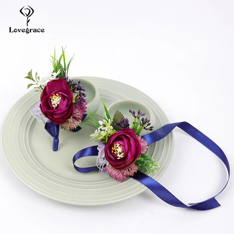 Lovegrace Wedding Rose Flower Boutonniere Rose Red Buttonhole Bridesmaid Wrist Corsage Bracelet Silk Flower Marriage Boutonniere