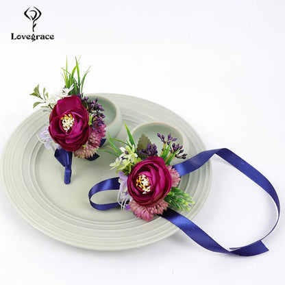 Lovegrace Wedding Rose Flower Boutonniere Rose Red Buttonhole Bridesmaid Wrist Corsage Bracelet Silk Flower Marriage Boutonniere