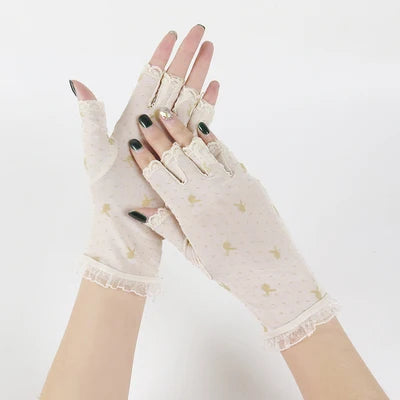 Summer Women Short Sunscreen Thin Ice Silk Driving Black Full Finger Sexy Lace Gloves UV Elasticity Rabbit Lace Cycling Slip D82