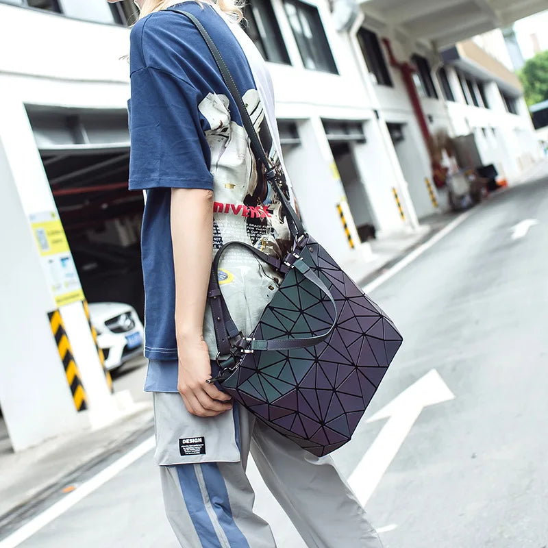 Luminous Reflective Bag Geometric Tote Folding Shoulder Bags for Women 2024 Plain Folding Handbags Sac a Main Female Bolsas