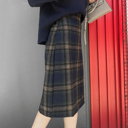 Korean Fashion Casual Women Autumn Winter Vintage Blue/Gray Plaid High Waist Warm Faux Woolen A-line Skirt  S-2XL
