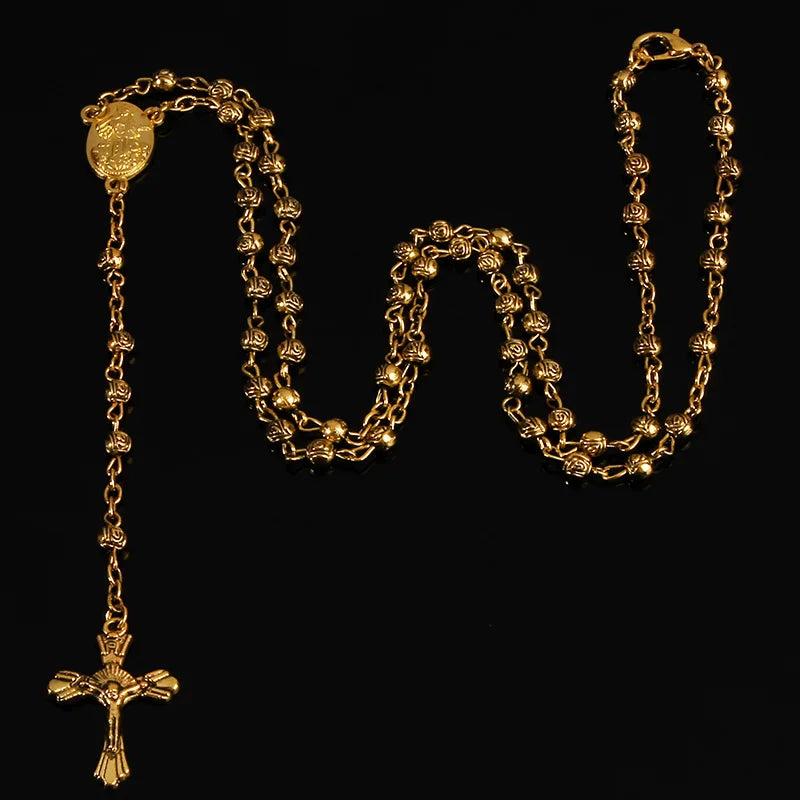 4mm stainless steel bead necklace, vintage gold rosary small necklace, female necklace Jesus cross necklace.