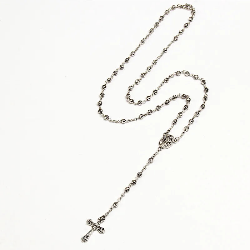 4mm stainless steel bead necklace, vintage gold rosary small necklace, female necklace Jesus cross necklace.