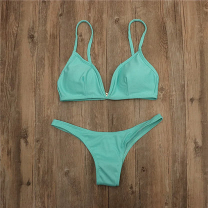 Sexy Blue Green Bikini 2025 Thong Swimsuit Women Push Up Swimwear Strapped BeachWear Solid High Cut Bikini Set Bathing Suit Swim