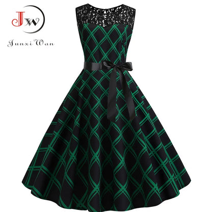 Lace Patchwork Floral Print Women Summer Dress Hepburn 50s 60s Elegant Vintage Dress Office Ladies A-Line Party Dresses Belt