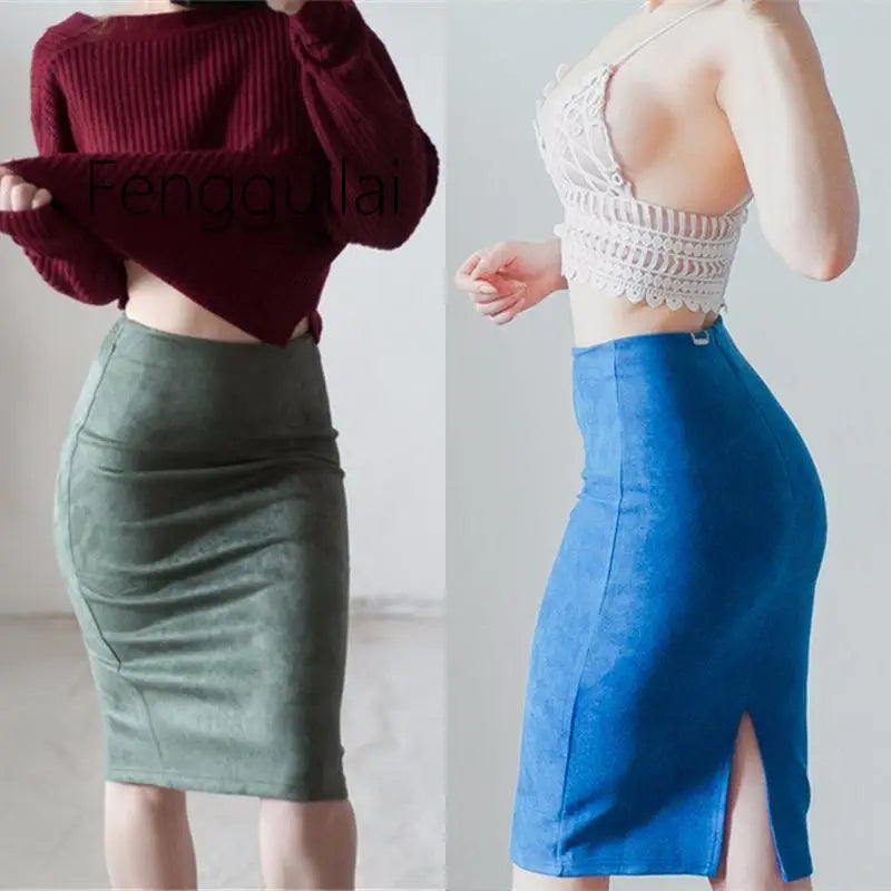 NEW Autumn Summer Women Suede Midi Pencil Skirt High Waist Gray green  XXL Sexy Style Stretch Wrap Ladies Office Work
