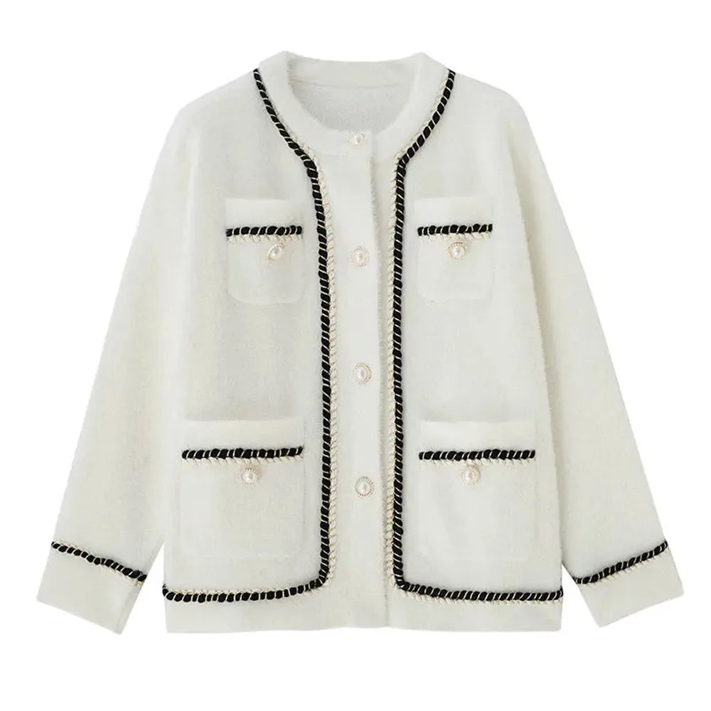 White Mink Cashmere Sweater Coat Women Autumn Winter Lazy Style Female Korean Retro Black Loose O Neck Knitted Cardigan Fashion