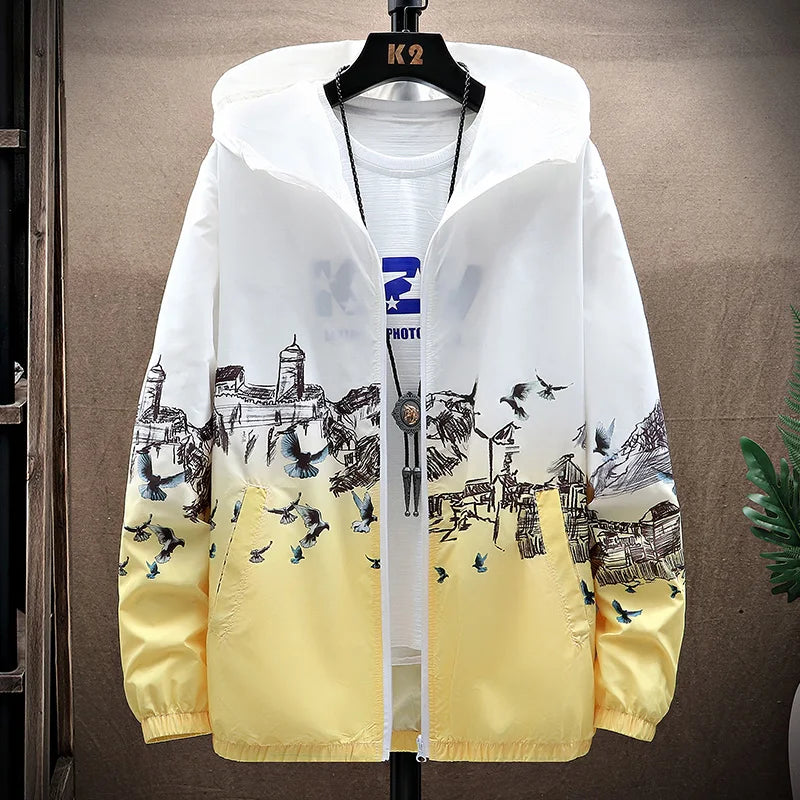 Women Basic Jackets Summer 2024 Print Colorful Oversize Print Thin Windbreaker Women Hooded Jacket Coat Zipper Woman Veste Femme