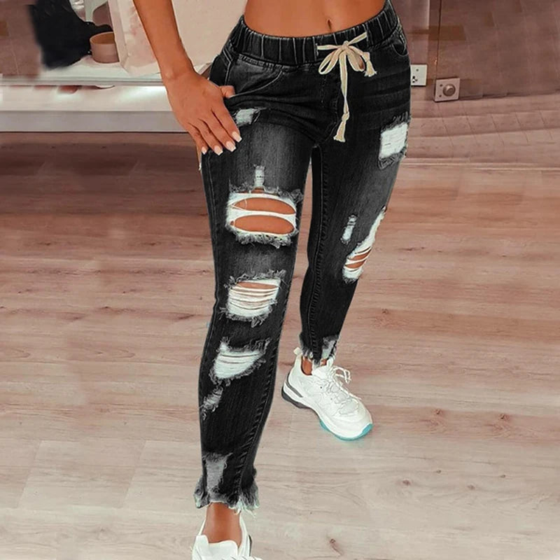 Drawstring Denim Jeans For Women Ripped Hole Stretch Jean Ladies Pencil Pants Pantalones de mujer