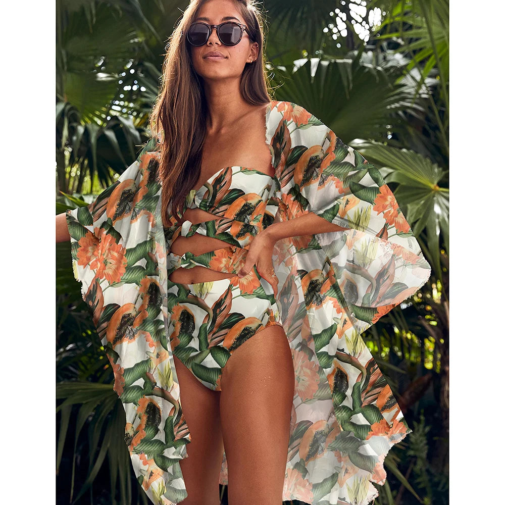 Beach Wear Print Bikini Swimwear Women Wrap Skirt Swimsuit High Waist 2025 Cover Up Sexy Sarong plage Beach Wear Bathing Suit