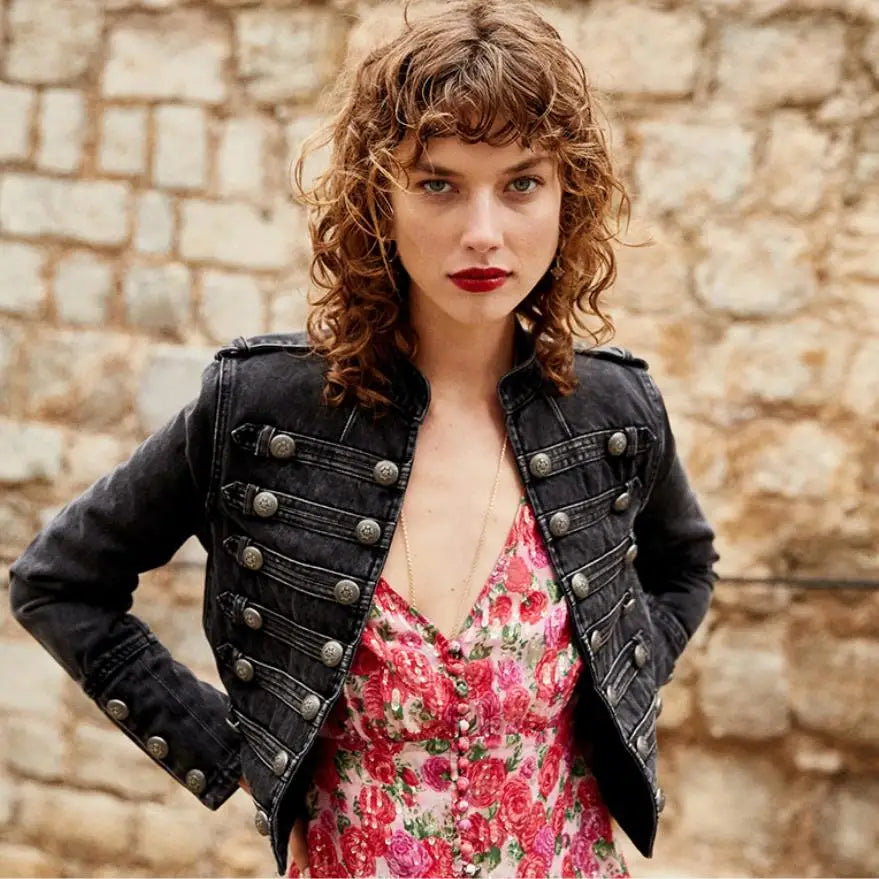 Retro military style handsome stand collar denim jackets female double-breasted old wild slim short denim jackets outerwear F368