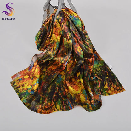 [BYSIFA]  Green Blue Ladies Satin Long Silk Scarf Shawl New Fashion Brand Scarves Printed Spring Fall Female Head Scarf 160*70cm