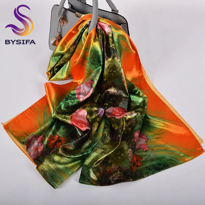 [BYSIFA]  Green Blue Ladies Satin Long Silk Scarf Shawl New Fashion Brand Scarves Printed Spring Fall Female Head Scarf 160*70cm
