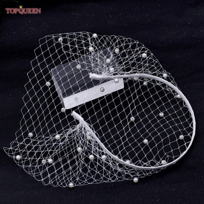 TOPQUEEN VA12 Wedding Birdcage Veil Bridal Blusher Veil White Headband Veil for Bridal Fascinators Black Face Net Mask Bachelore