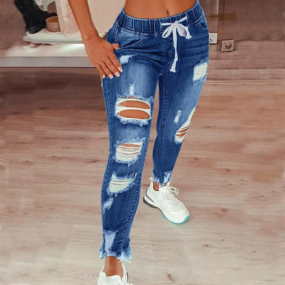 Drawstring Denim Jeans For Women Ripped Hole Stretch Jean Ladies Pencil Pants Pantalones de mujer