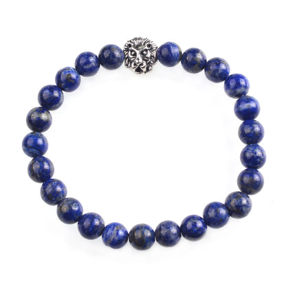 Silver Lion Head Gemstone Beads Stretch Bracelet for Women Men Handmade Crystal Beaded Elastic Healing Power Stone Jewelry