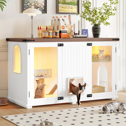 47.25" Large Cat Litter Box Enclosure with LED Light, Hidden Litter Box Furniture, Cat House with Stairs and Cat Scratching Post
