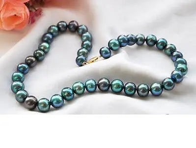 fine jewelry 17" 9-10mm natural round peacock black freshwater pearls necklace