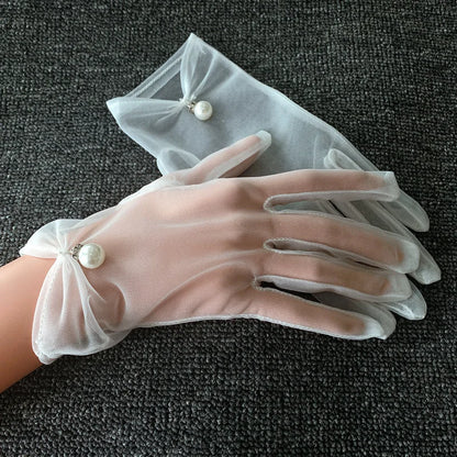 Bridal Gloves Wedding Gloves White Gauze Woman Gloves Thin Lace Ladies Fingered Gloves Pearl Wedding Gloves Accessories