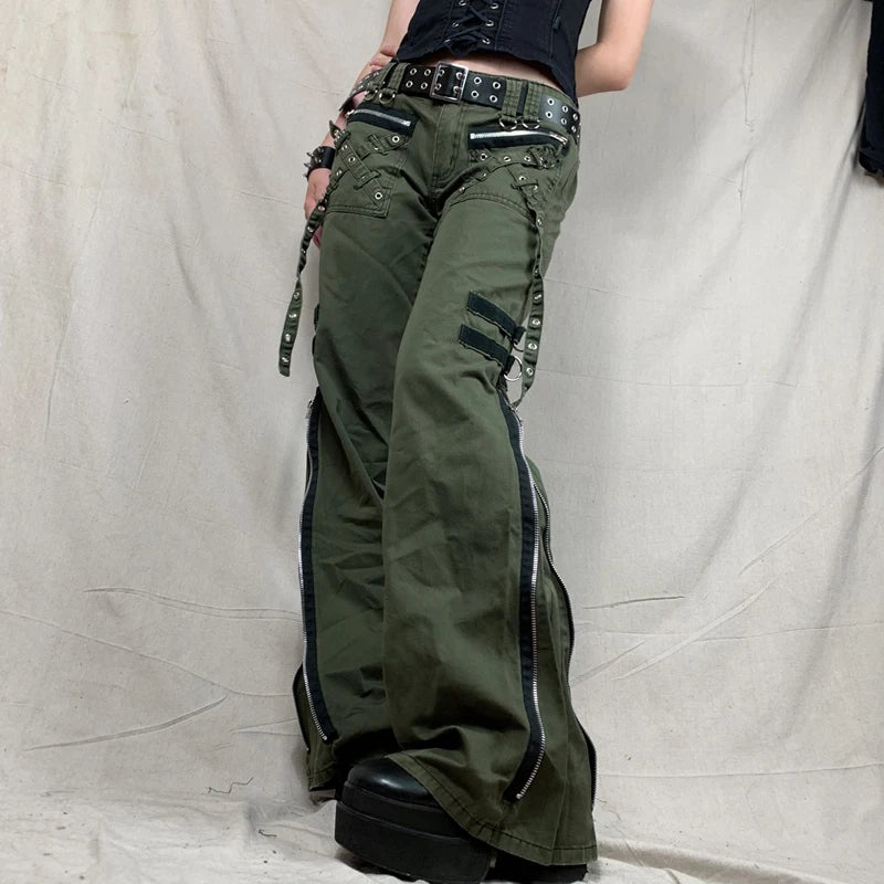 Women's Pants Gothic Punk Baggy Vintage Kawaii Trousers Bandage Low Waist Cargo Pants Grunge Green Zipper Jeans Korea Sweatpants