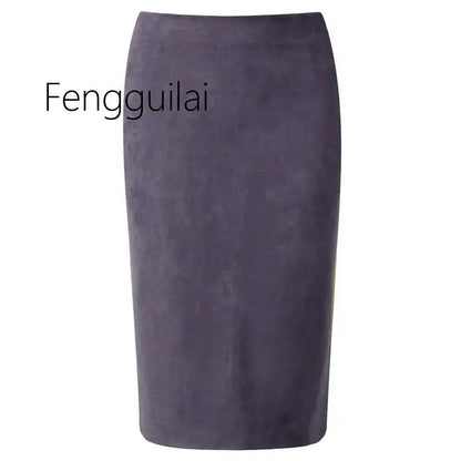 NEW Autumn Summer Women Suede Midi Pencil Skirt High Waist Gray green  XXL Sexy Style Stretch Wrap Ladies Office Work