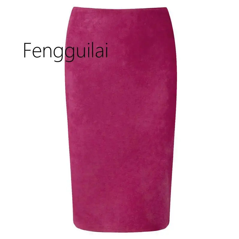 NEW Autumn Summer Women Suede Midi Pencil Skirt High Waist Gray green  XXL Sexy Style Stretch Wrap Ladies Office Work