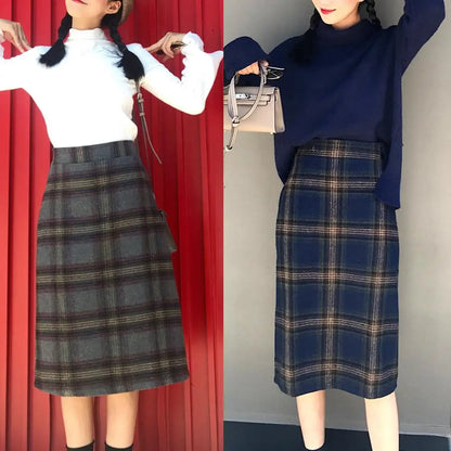 Korean Fashion Casual Women Autumn Winter Vintage Blue/Gray Plaid High Waist Warm Faux Woolen A-line Skirt  S-2XL