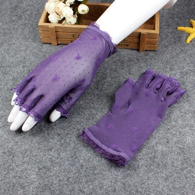 Summer Women Short Sunscreen Thin Ice Silk Driving Black Full Finger Sexy Lace Gloves UV Elasticity Rabbit Lace Cycling Slip D82