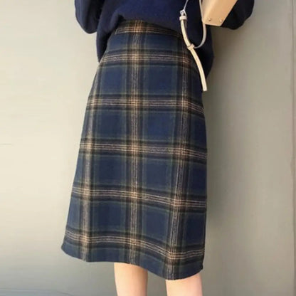 Korean Fashion Casual Women Autumn Winter Vintage Blue/Gray Plaid High Waist Warm Faux Woolen A-line Skirt  S-2XL