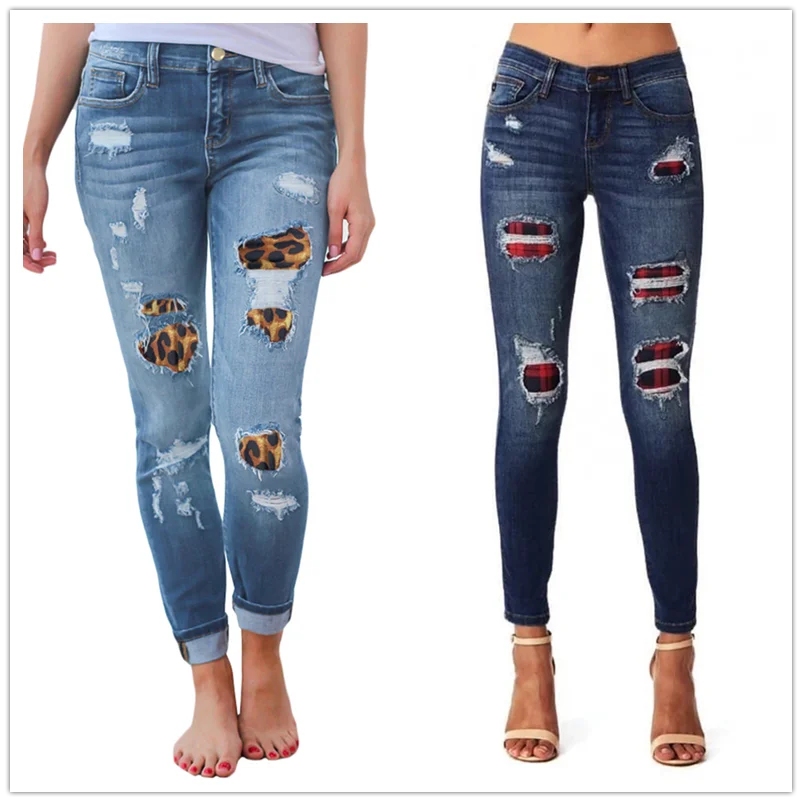 Hot sale women's ripped leopard print jeans Fashion stretch Skinny denim pencil pants Street casual hipster jeans S-2XL