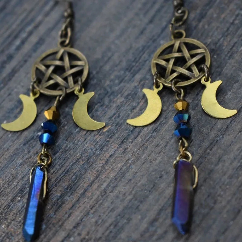 Pagan Moon Earrings,Moon Goddess Earrings,witch earrings, winter solstice, pentagram earrings,Celestial earrings