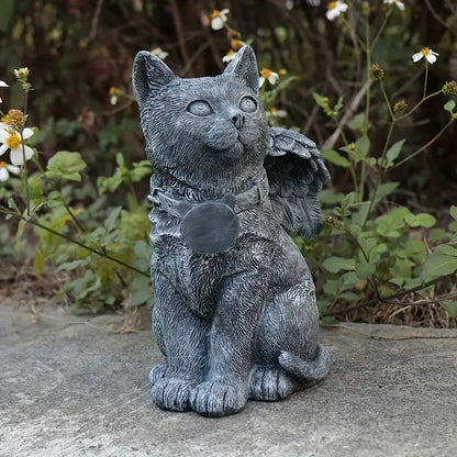 Handcrafted Solar-Powered Cat Angel Grave Marker - Durable Resin Outdoor Memorial Statue with Gray Patina