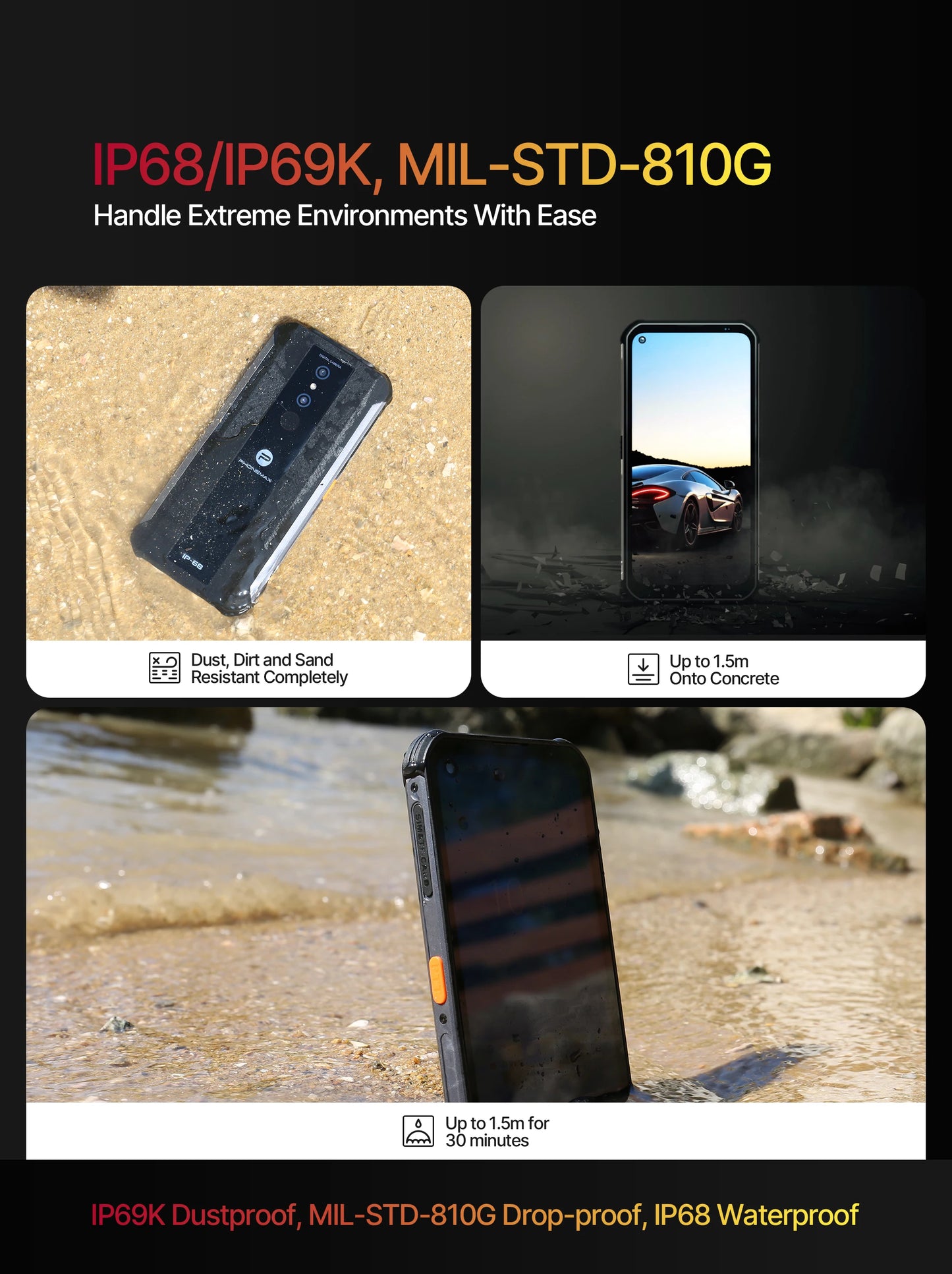 Cheap 4G Dual Sim Mobile Phone Waterproof Shockproof Rugged Smart Cellphone GPS Octa Core CPU Bar Design-for CDMA Networks