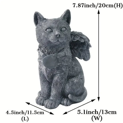 Handcrafted Solar-Powered Cat Angel Grave Marker - Durable Resin Outdoor Memorial Statue with Gray Patina